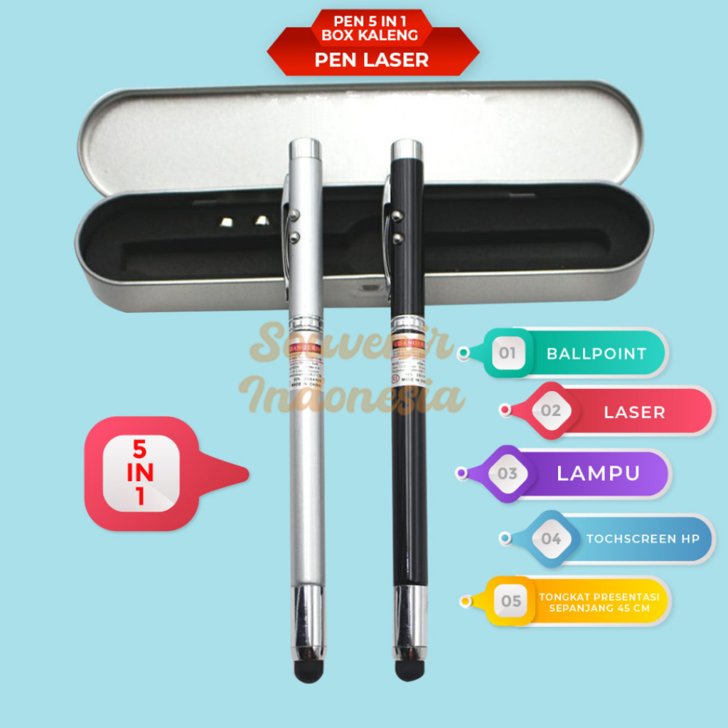 

5 in 1 Pulpen Laser Pointer / Pena LED / Bolpen Presentasi Box Kaleng