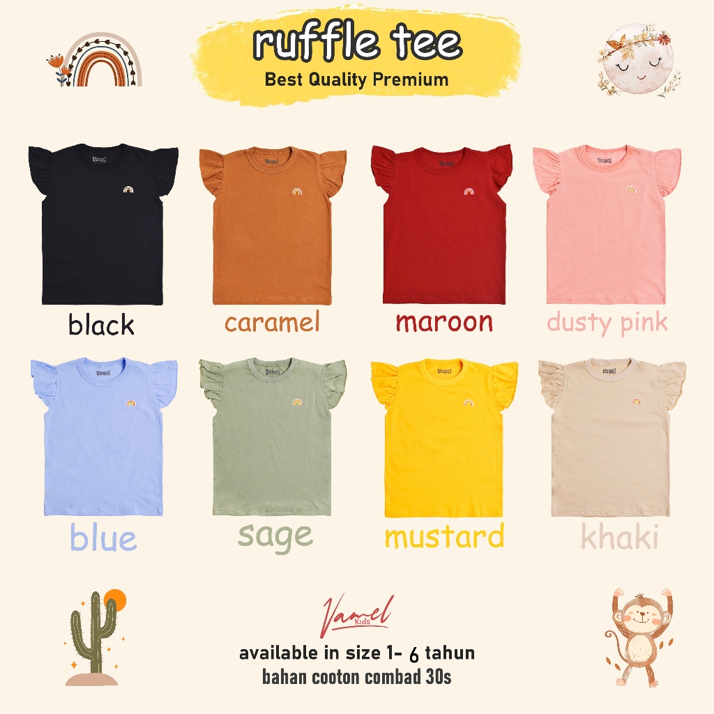 VAMEL- NARA Ruffel tee / Kaos Anak Perempuan / Cotton Combad 30s Premium/ Basic / Daily Look