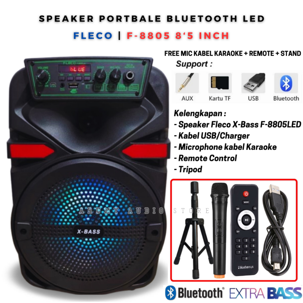Speaker Portable Bluetooth Fleco F-8805led X-Bass|  8,5 Inch ( Bonus Microphone Kabel Karaoke Remot 