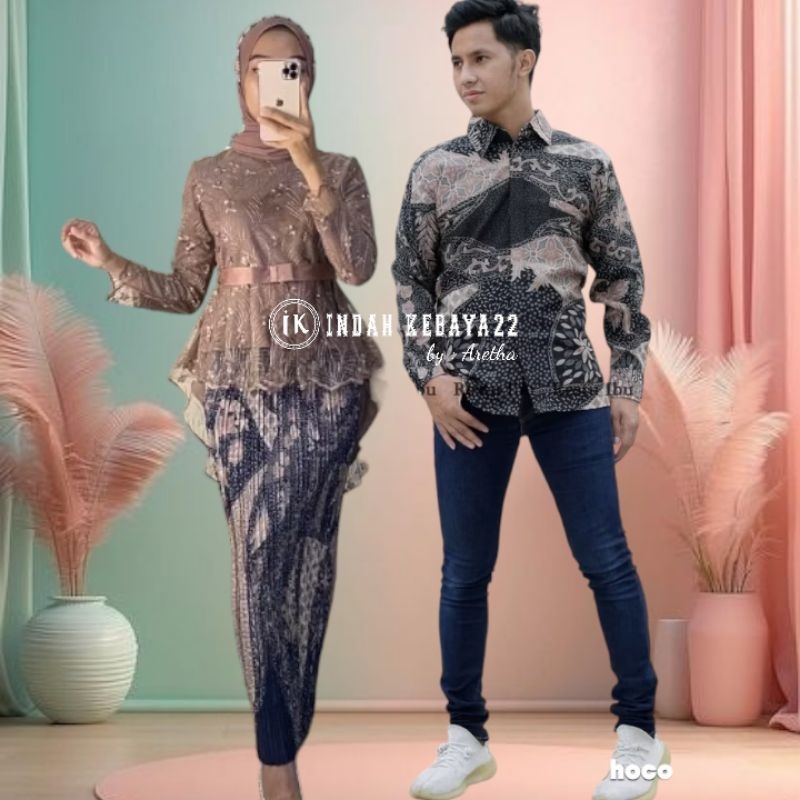 Setelan Couple Kebaya Aurora Pita Brokat Tile Pasangan Kemeja Batik Pria Dewasa Katun Baju Dress Kon