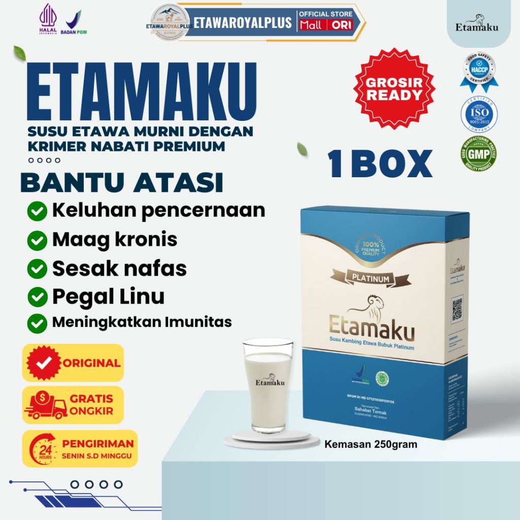 

Susu Kambing Etamaku 1 BOX - Susu Etawa Platinum Untuk Asam Lambung, Sesak Nafas dan Nyeri Sendi