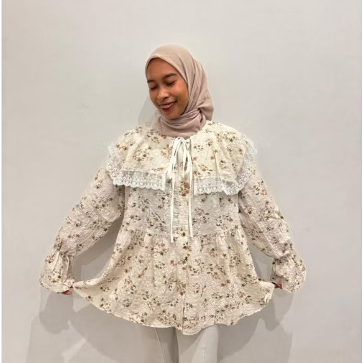 BLUS CRINGKEL KERAH LEBAR RENDA RENDA, Blus Lucu, Baju Cewek, Atasan Wanita