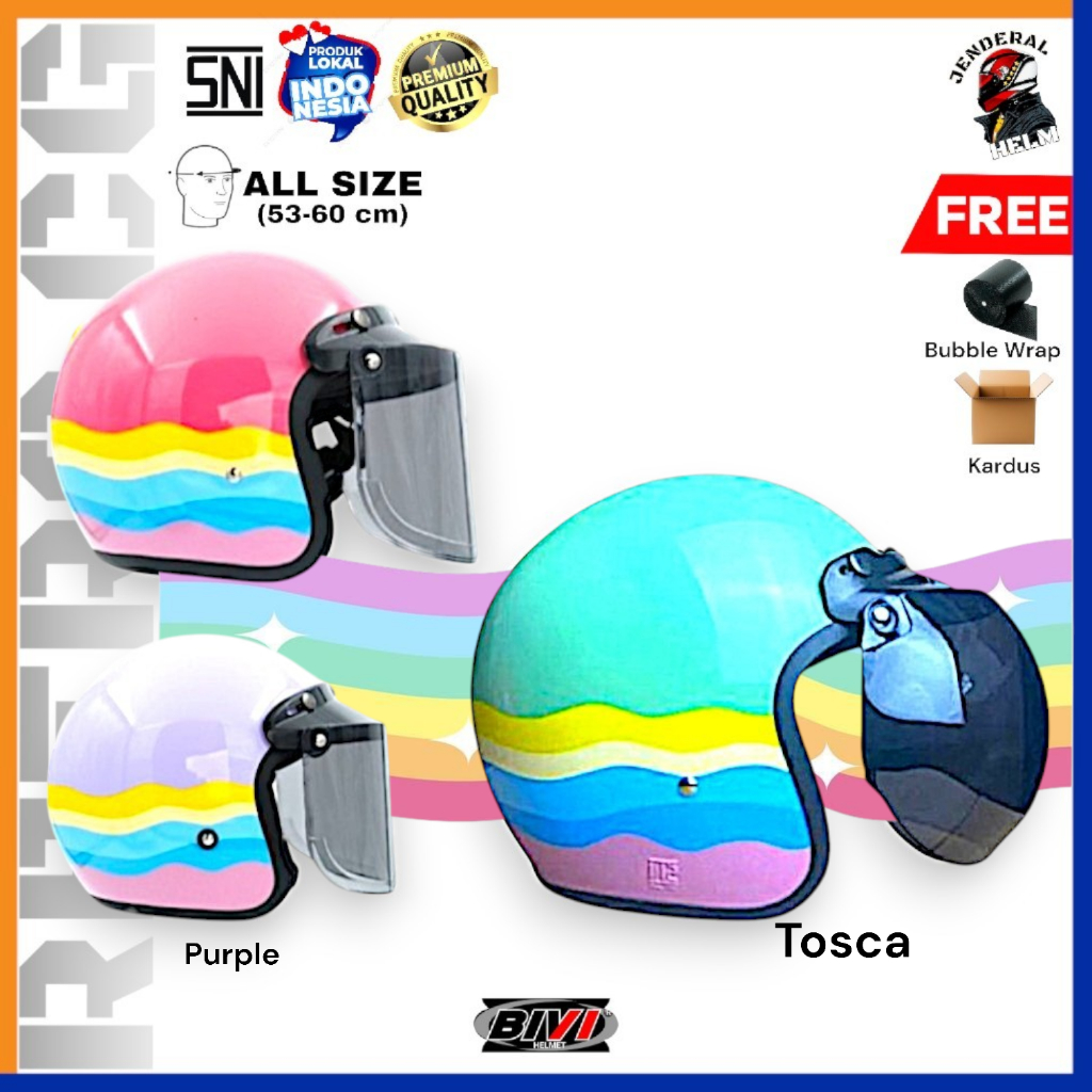 Helm Bogo Retro Motif Ombak + Kaca Helm Half Face Hijab Bivi SNI Jenderal Helm