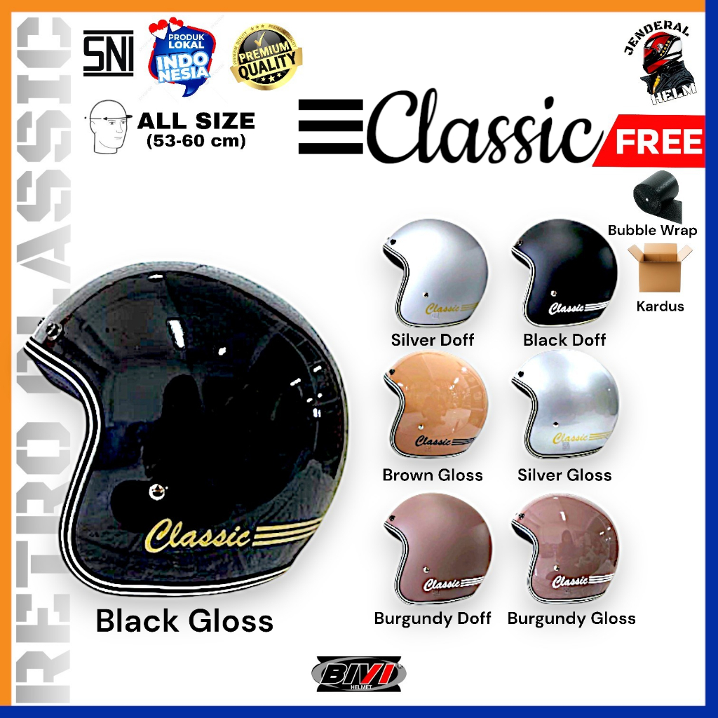 Helm Bogo Retro Classic Warna Solid Helm Only BIVI Retro Classic SNI Jenderal Helm