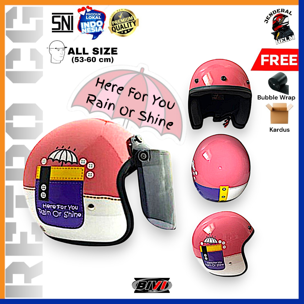 Helm Bogo Retro Motif Payung Lucu + Kaca BIVI Half Face SNI Jenderal Helm