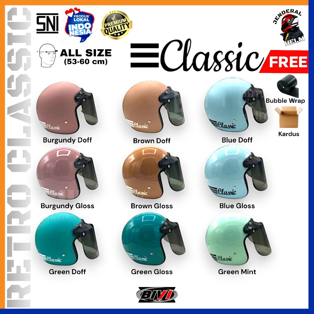 Helm Bogo Retro Classic Warna Solid + Kaca Variasi Pad Bogo BIVI Retro Classic SNI Jenderal Helm