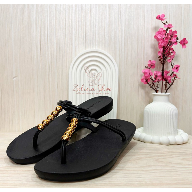 Sandal Wanita Jepit Karet Lentur (Sandal Jepit Cewek Tali Kabel Emas Bulat)