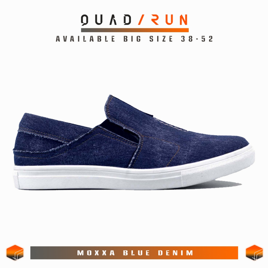 Quadrun Moxxa Blue Denim Sepatu Slip On Casual Pria Sneakers Bahan Jeans