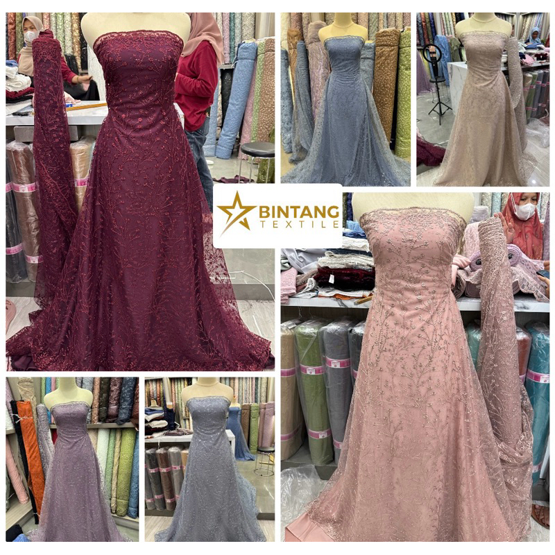 Bahan kain brokat tile bordir spangle mewah Christina / bahan kebaya tunik gamis outer
