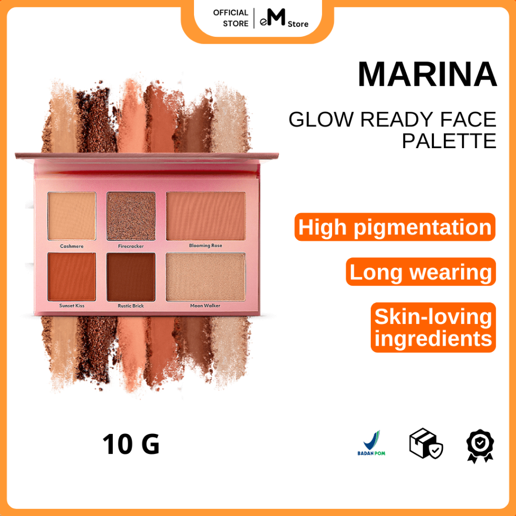 MARINA - FACE PALLETE GLOW READY 10G | Vivid Earth eye shadow, blush on, dan highlighter