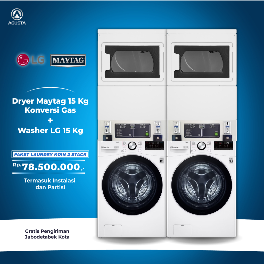 Paket Mesin Laundry 2 Stack Mesin Cuci LG 15kg & Mesin Pengering Maytag 15kg