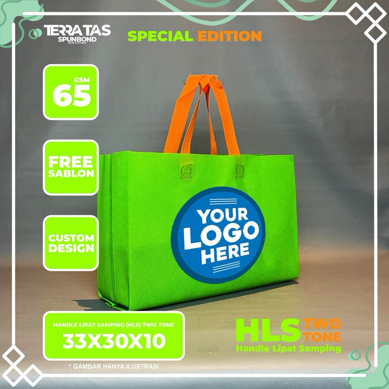 

Custom Made Kain Spunbond Goodie Bag Handle Lipat Samping Two Tone 65 GSM 33x30x10 + FREE Sablon