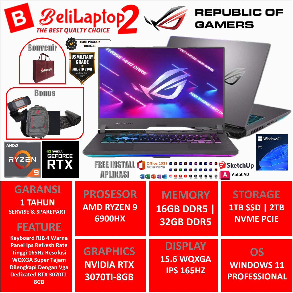 ASUS ROG STRIX G15 G513RW AMD RYZEN 9 6900HX RAM 32GB SSD 2TB NVME RTX 3070TI-8GB 15.6 WQXGA IPS 165