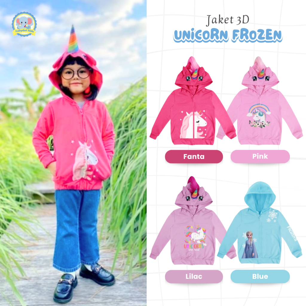 Jaket Anak Perempuan 3D Unicorn Frozen Cabydut