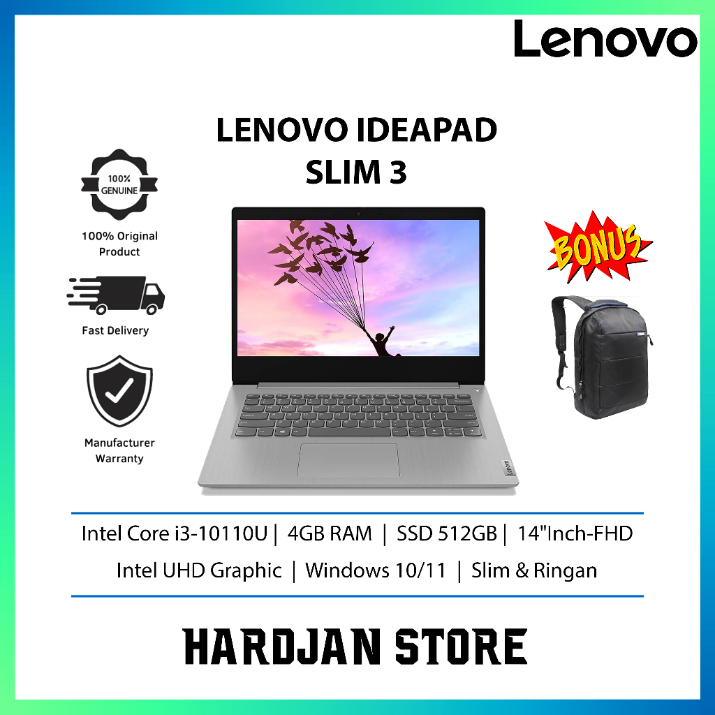 LAPTOP BARU LENOVO IDEAPAD SLIM 3 INTEL CORE I3-10110U RAM 4GB SSD 512GB LAYAR 14"INCH-FHD