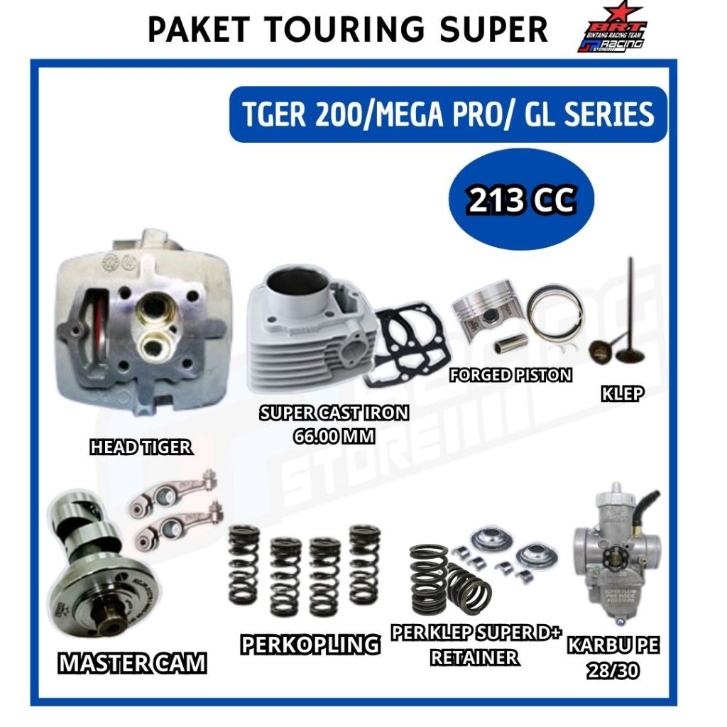 Paket Bore Up Tiger 200/Mega Pro Primus/GL-Head-Blok Piston-Cam--Per Klep-Karbu-BRT Paket Touring 8