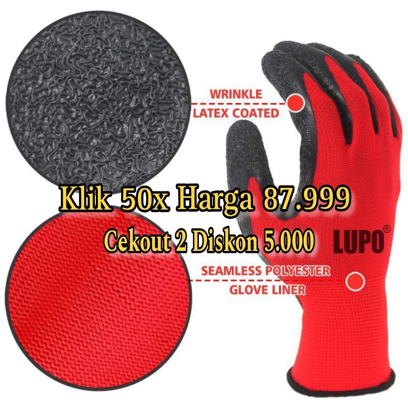 [12 Pasang] Sarung Tangan Kerja Kombinasi Katun Karet Anti Cutting Merk Lupo GROSIR TERMURAH [ST LUP