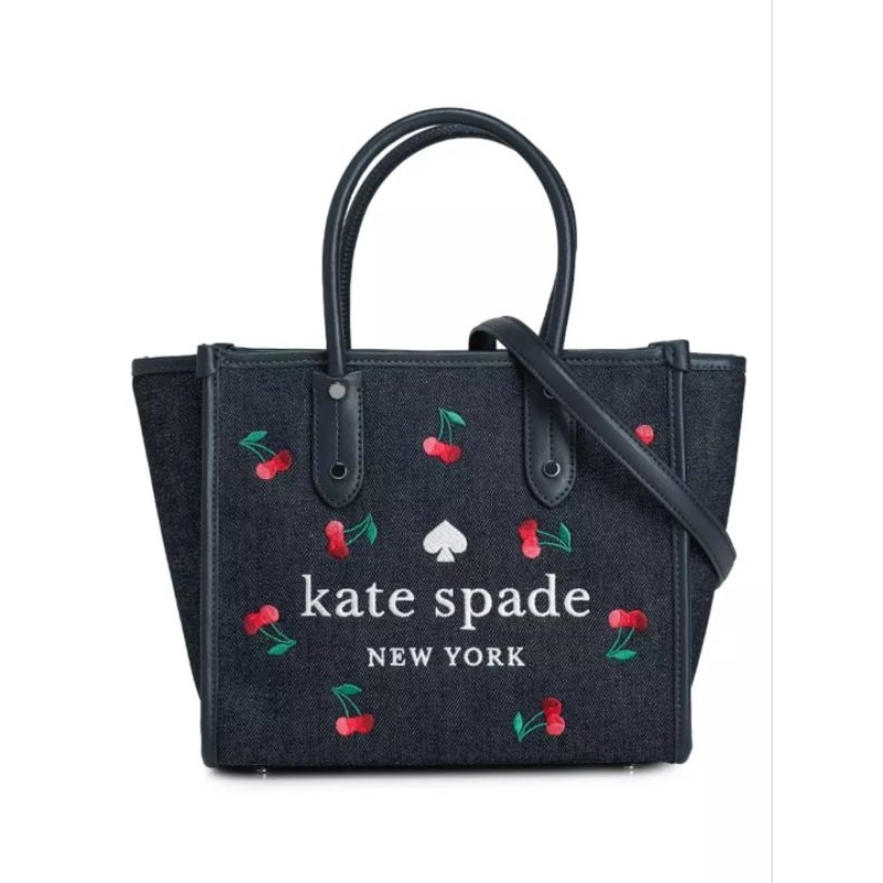 KS ELLA CHERRY EMBROIDERED TOTE BAG IN DENIM BLUE MULTI
