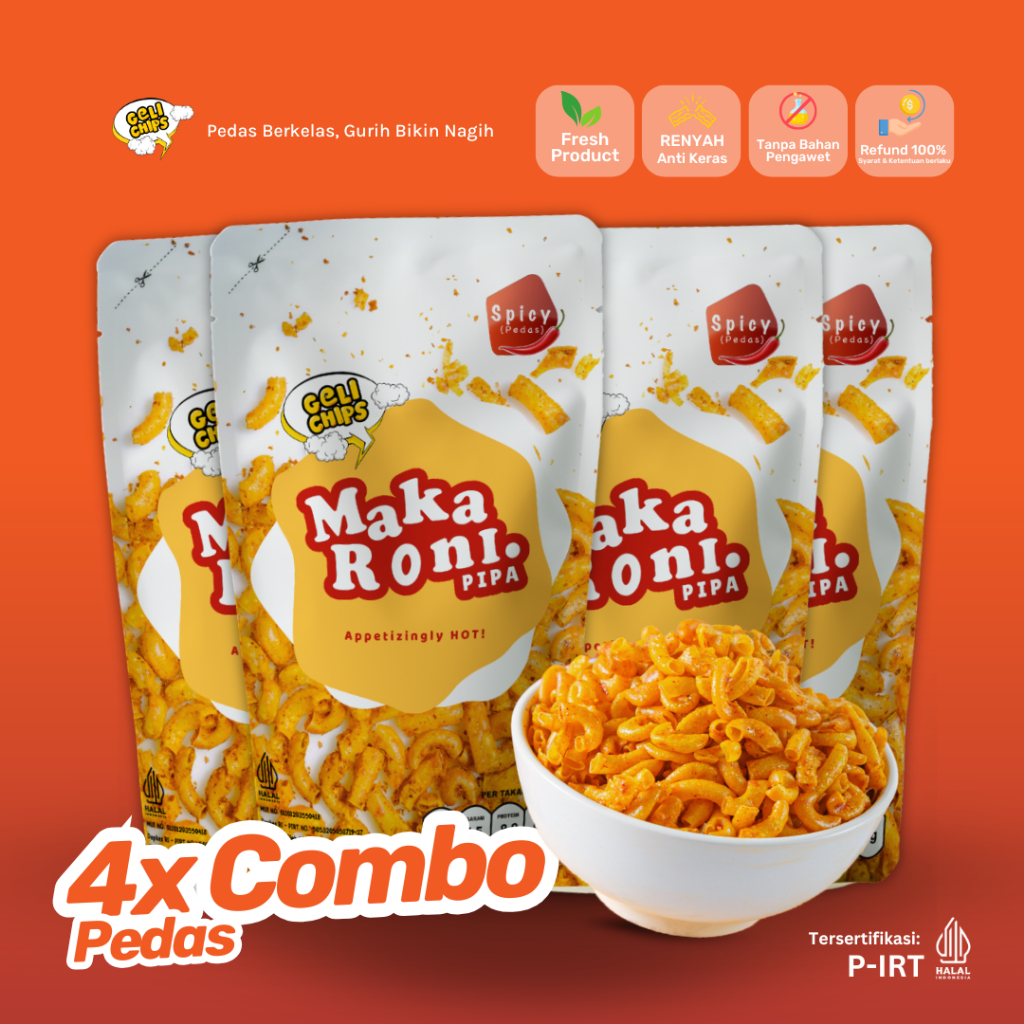 

GELICHIPS - Paket Combo 4pcs Makaroni Spicy Renyah Pedas Gurih 65gr