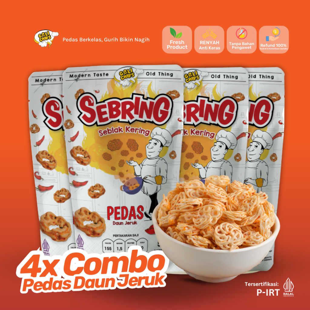 

GELICHIPS - Paket Combo 4pcs Seblak Kering (SEBRING) Mawar Pedas Daun Jeruk Gurih Renyah 50gr