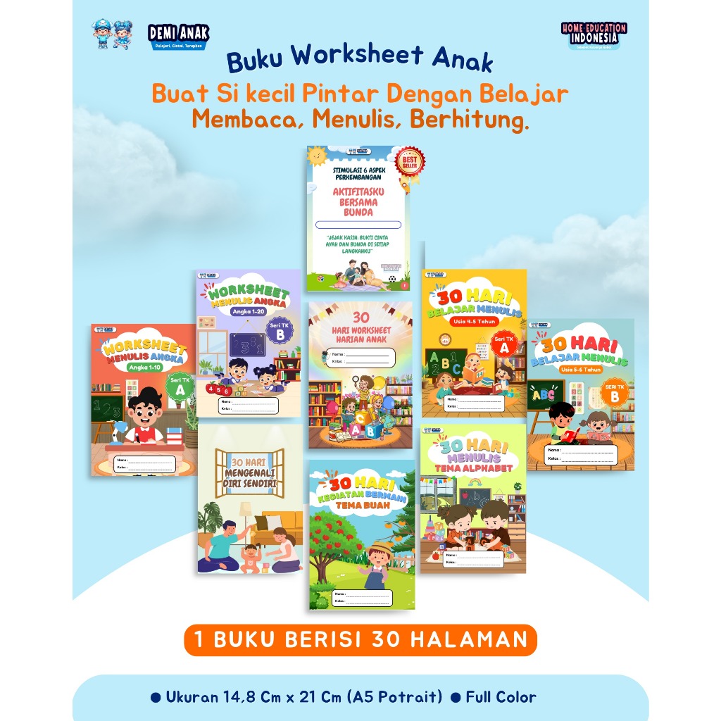 

BUKU WORKSHEET EDUKASI BEST SELLER PERTAMA ANAK, AKTIVITAS PRA MENULIS, MEMBACA, MEWARNAI, MENGGUNTING, DAN MENJAHIT