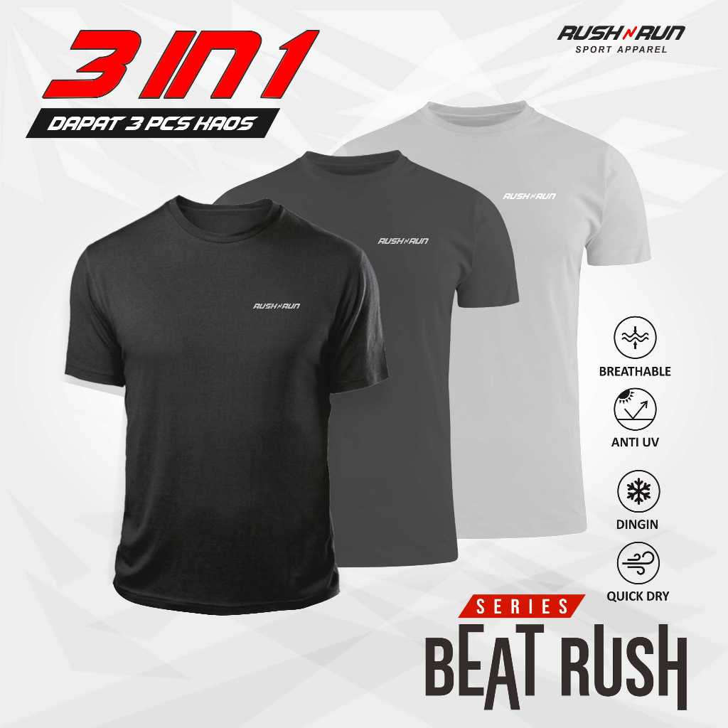 Paket 3 pcs Kaos Baju Olahraga Pria T-Shirt Jersey Lari Rush n Run Bahan Dry Fit Breathable Quickdry