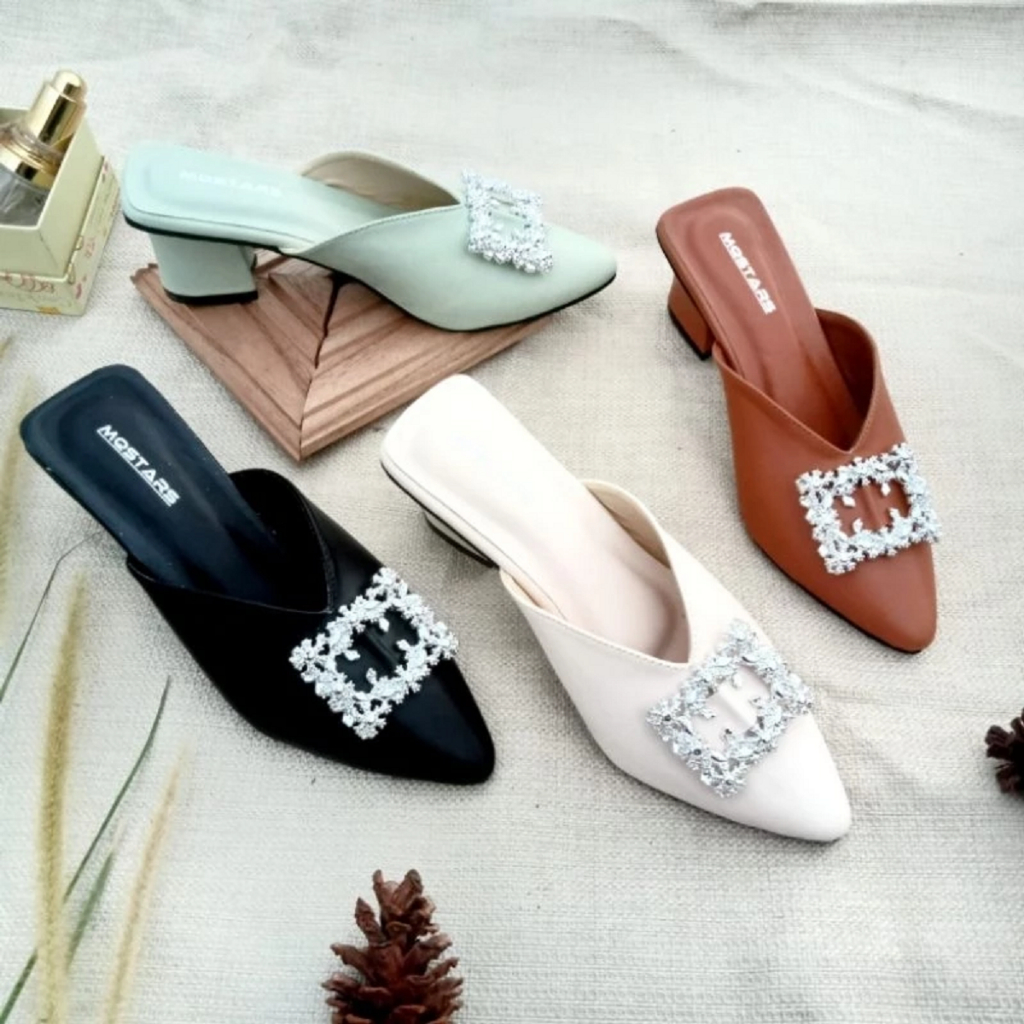 Sendal Heels Wanita Slop Lancip Hak Tahu 5cm