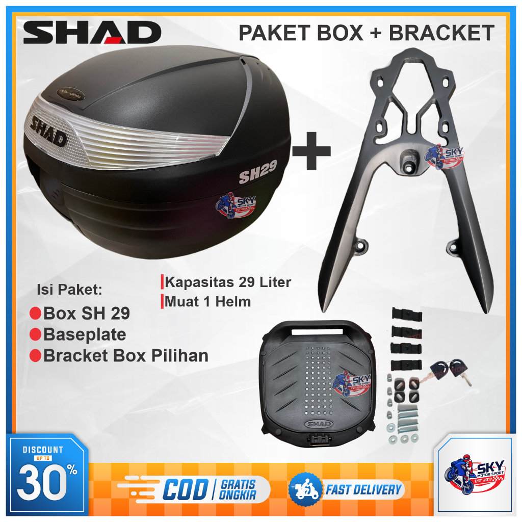 Paket Box + Bracket SHAD SH29 29 Liter Nmax Vario Pcx Adv Xmax CB150 Beat Scoopy Lexi Freego Mio Ori