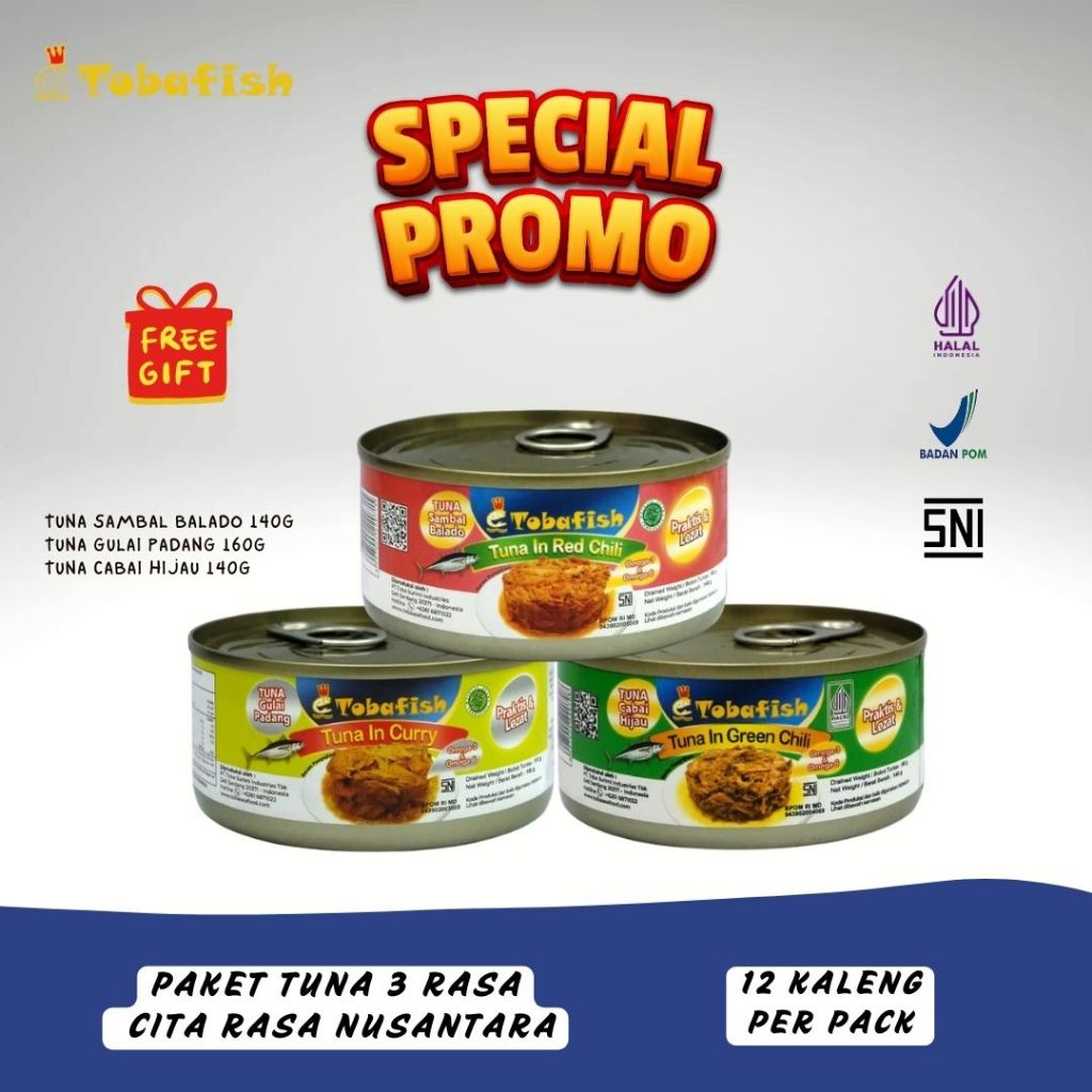 

Tobafish canned Tuna Mix 3 Rasa (tuna sambal balado, cabai hijau & gulai padang)/Tuna kaleng