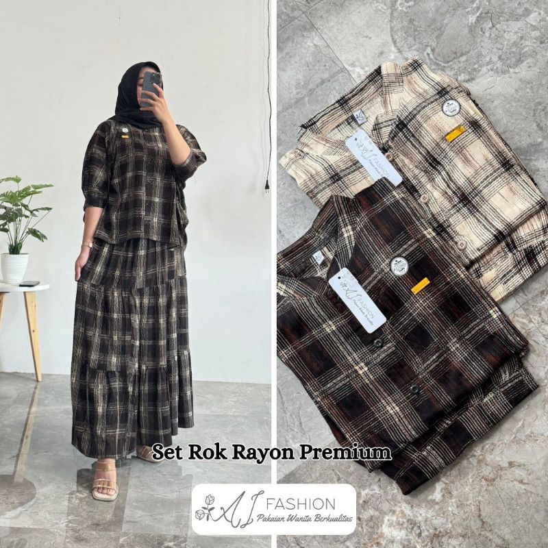 one Set Rok baju Wanita Terbaru Motif kotak kotak Model Kalong Bahan Rayon Premium Kekinian