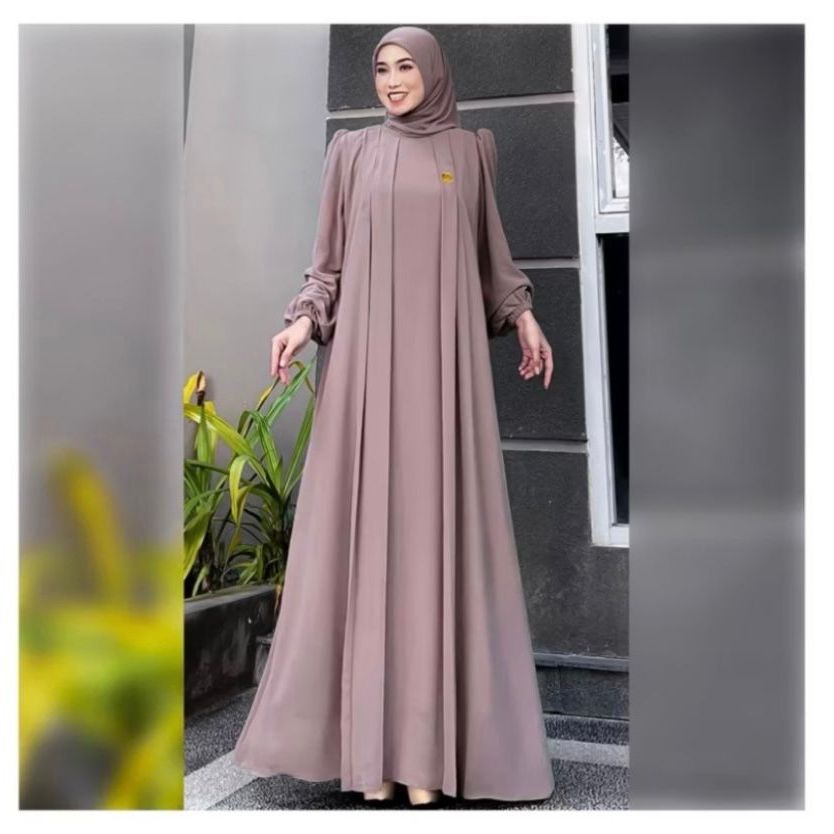 Zahra Dress Gamis Muslim Bahan Ceruty Babydoll Warna Burgundy Ukuran S-5XL Rempel Dada