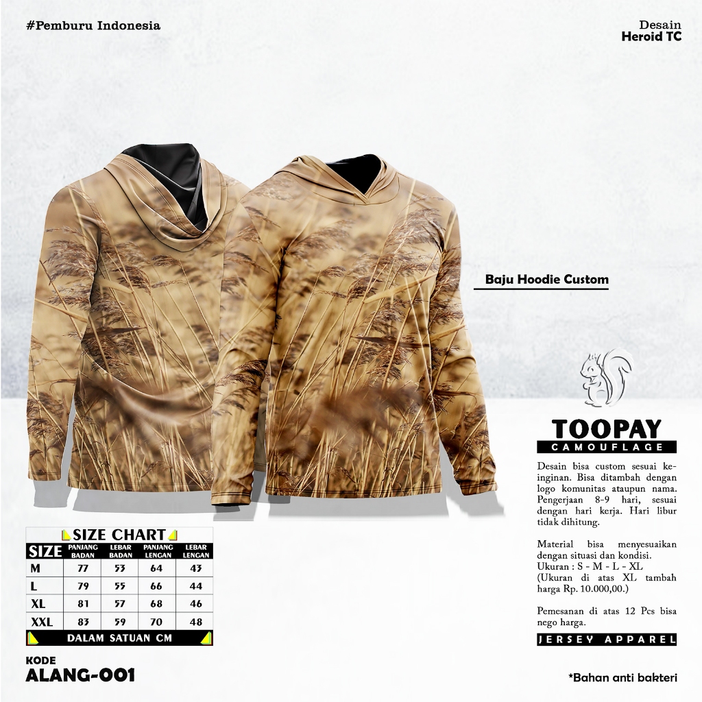 Kaos Berburu - Baju Hoodie Camo Motif Alang Bahan Jersey Dryfit Uk M - 5XL