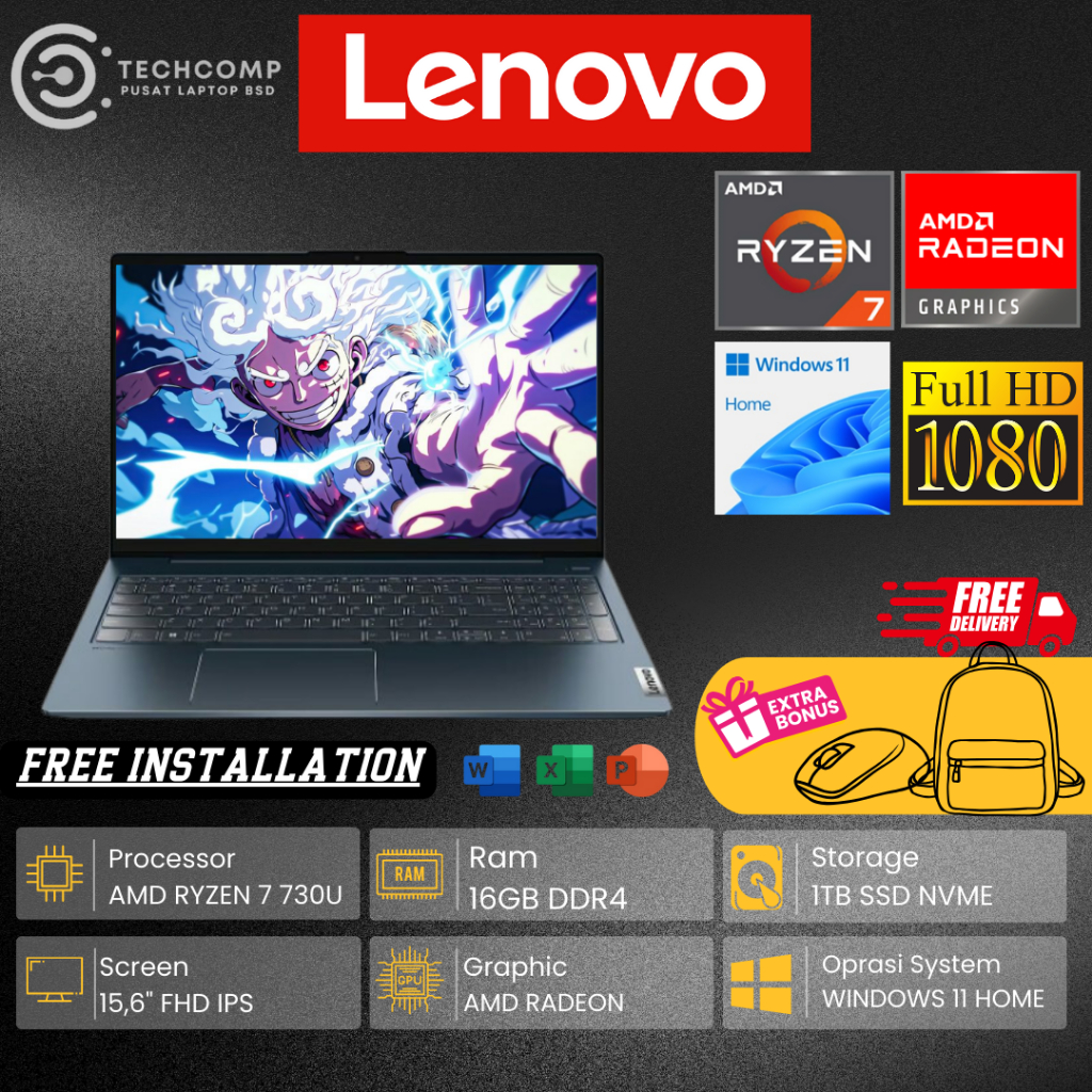 Laptop Touchscreen Lenovo Ideapad Slim 3 15 RYZEN 7 7730U 16GB 512GB SSD AMD Radeon Vega FHD IPS Win