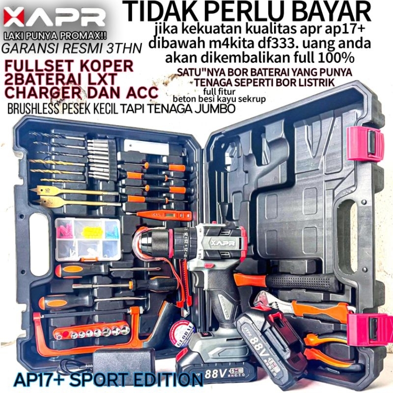 PROMO APR bor cordless type AP17+ 88VF 2 BATRAI brushless mesin bor baterai drill impact 13mm keyles