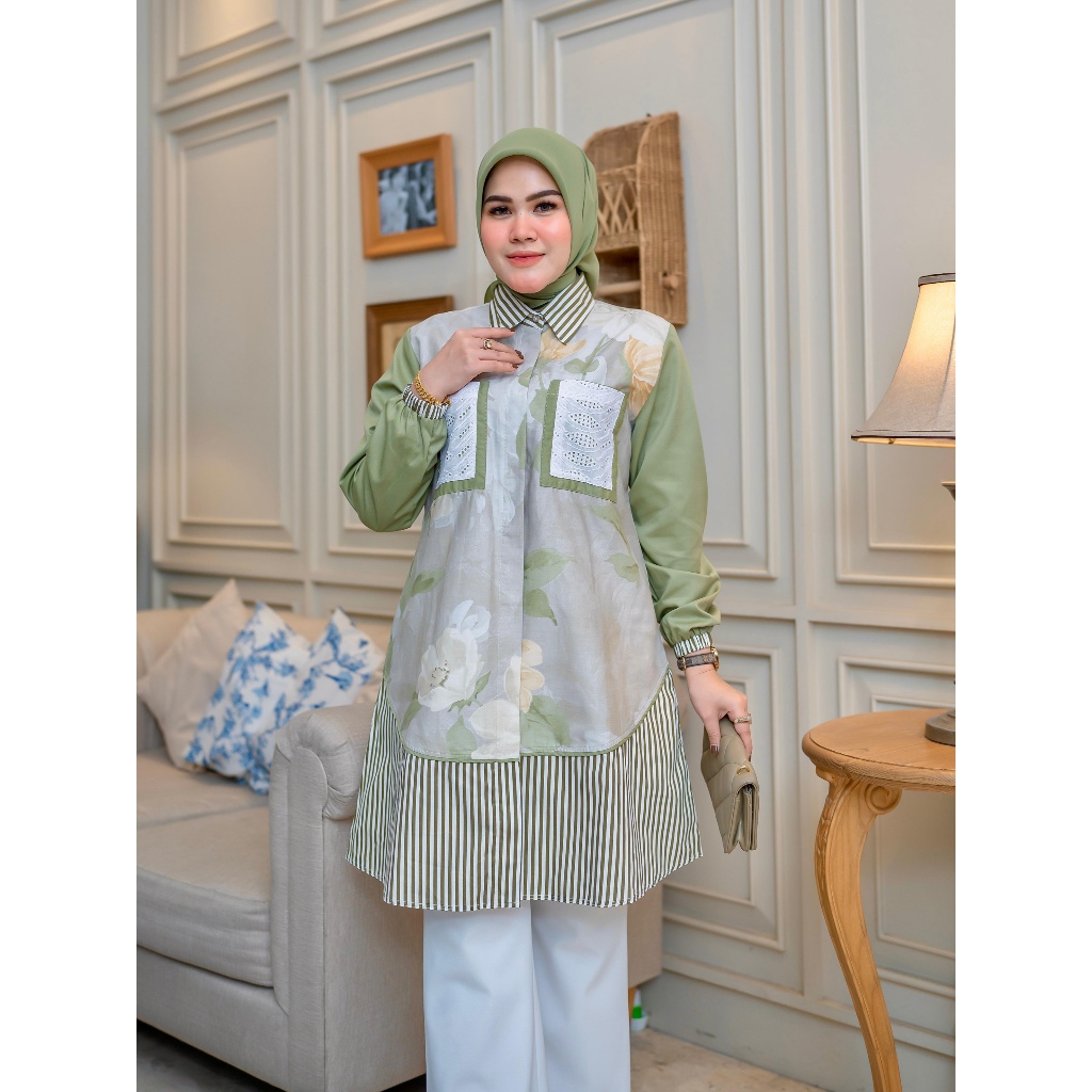 NURA - Kemeja Tunik Wanita Motif Bahan Katun Jepang Import