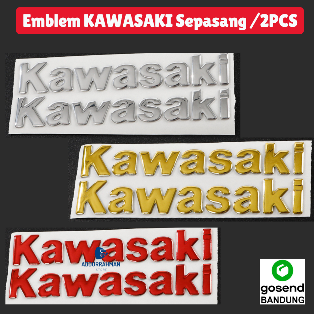 Emblem Stiker Sticker Motor Tulisan Kawasaki 3D Timbul Sepasang Warna Silver Chrome Emas Merah