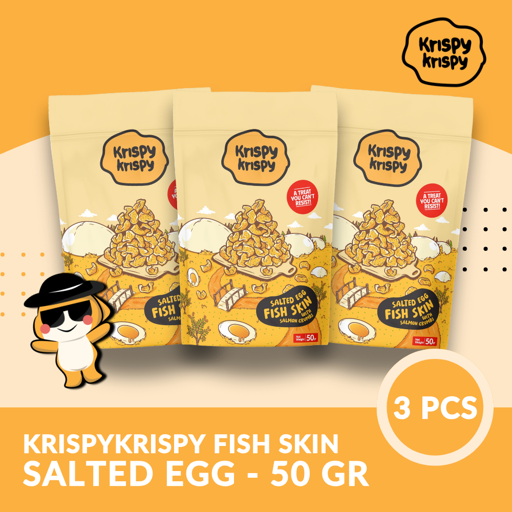 

Krispykrispy - Fish Skin / Kerupuk Kulit Ikan - with Salmon Crumbs - HALAL - rasa Salted Egg (3pcs)