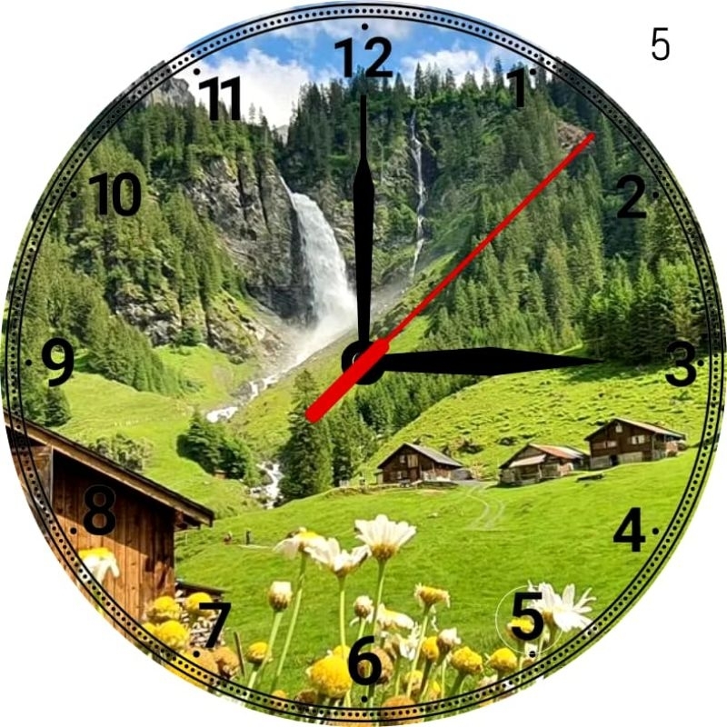 jam dinding kayu motif pemandangan jam asthetic