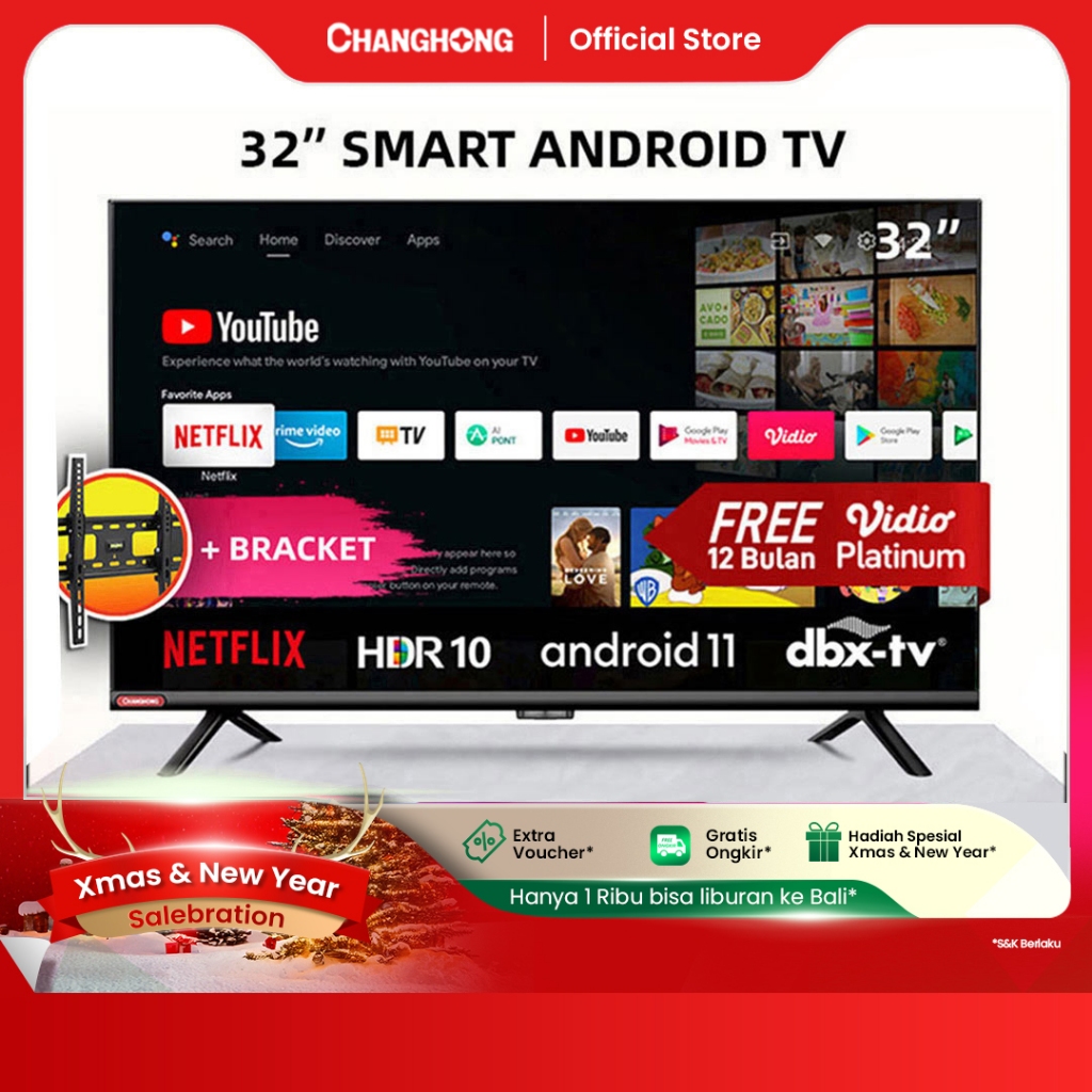 Changhong 32 Inch Newest Android 11 Frameless Smart TV Digital Neflix LED TV-L32G7N-Garansi 3  Resmi