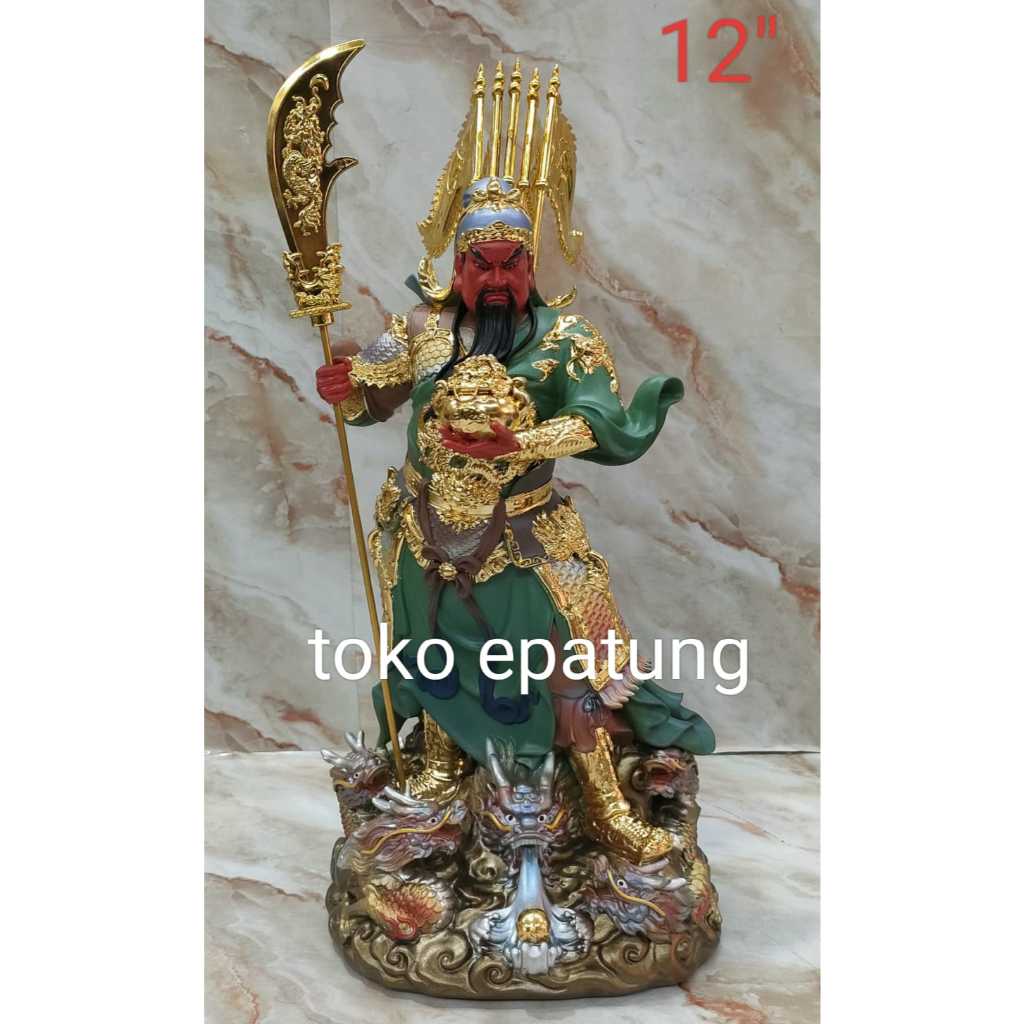 patung dewa kwan kung / kwan kong / kwan te  - 12 inch - fiber- 5 bendera - naga - gentong - pedang 