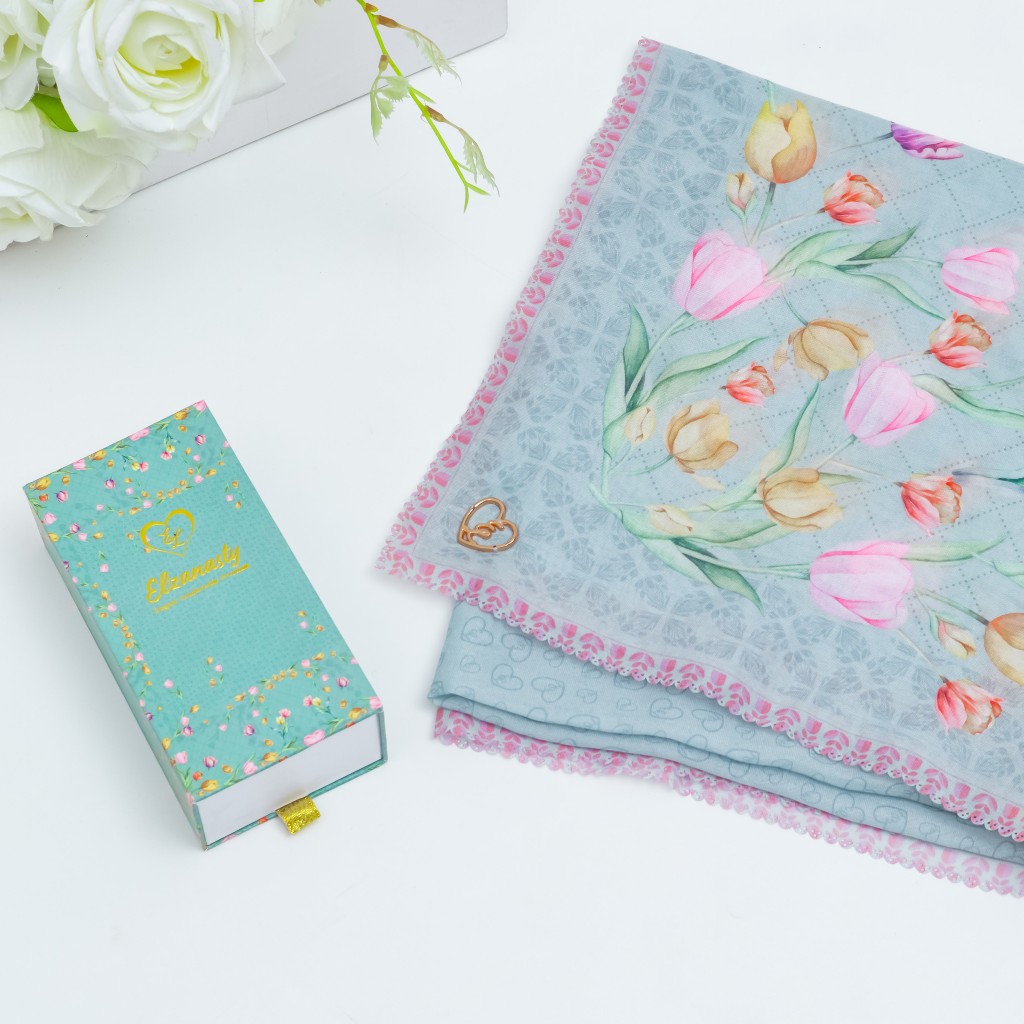 Tulip Series - Sage Green | Elzanasty Hijab | Kerudung Premium Segi Empat Motif Bunga | Tulip | Baha
