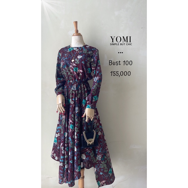 Midi dress lengan panjang merah maroon vintage motif bunga tosca hijaber keren unik lucu rok cutting
