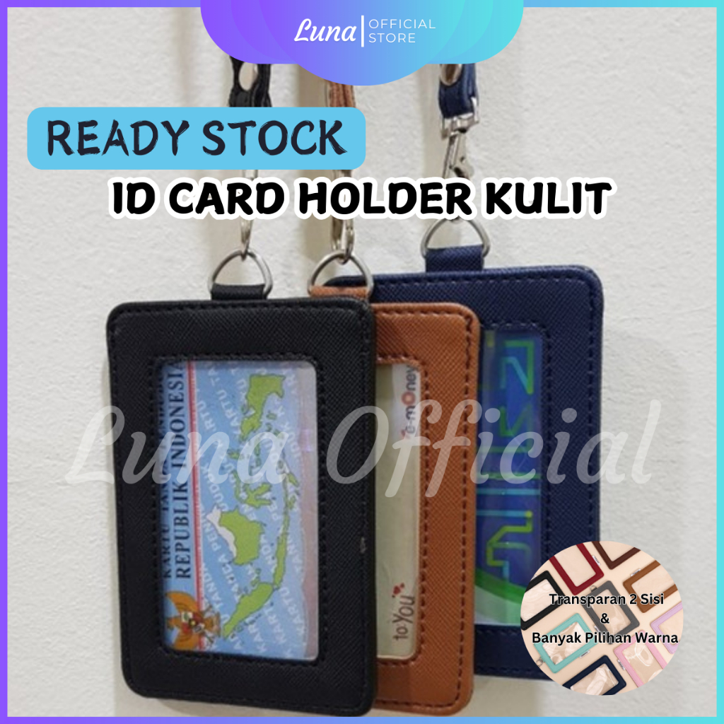 

Lanyard Kulit ID Card Holder Transparan Mika Depan Belakang Bening Card Holder Nametag Kartu Mika