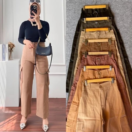 Celana Cargo Kulot Rayon Twill  Wanita Katun Twill Stretch melar Highwaist Loose Korean Style