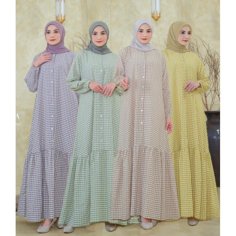 NNFashion ~ Aqeela Dress Gamis Wanita Muslimah Bahan Cotton motif kotak panjang kancing outfit Lebar