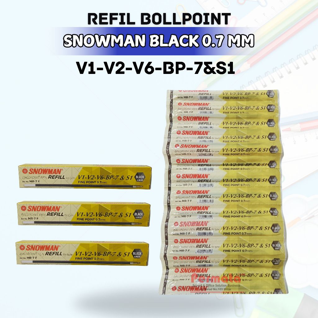 

Snowman Refill Fine Point 0.7 mm v1 v2 v6 BP -7 & S1 Isi 12 Pcs Warna Hitam