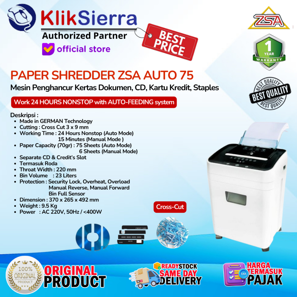 ZSA Auto75 Mesin Penghancur Kertas Auto-75 Paper Shredder Document