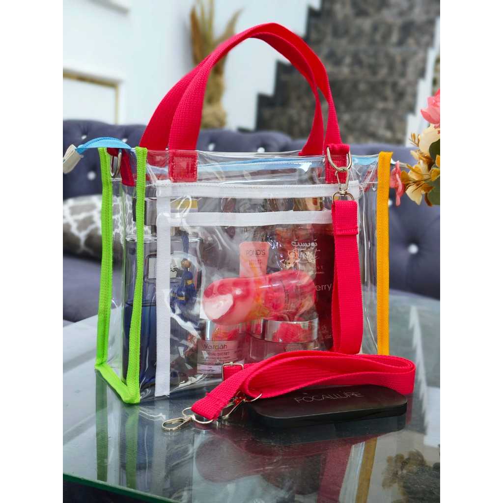 Tas mika pvc selempang rainbow