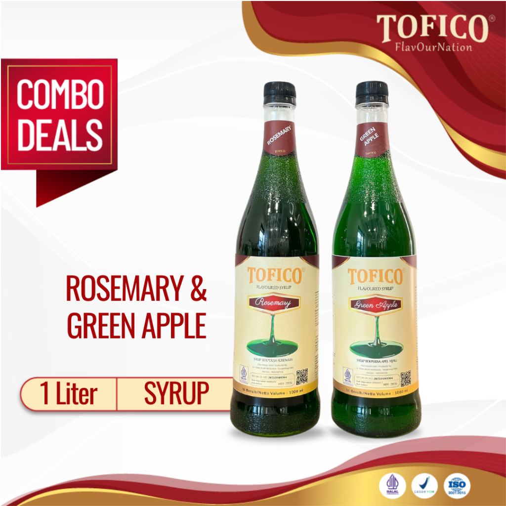 

PAKET HEMAT COMBO DEALS Tofico Syrup Rosemary 1L + Tofico Syrup Green Apple 1L