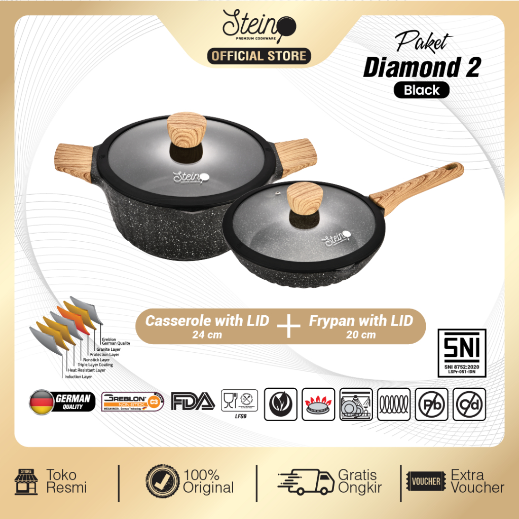 STEIN Cookware Paket Diamond 2  Mini | Set Panci Wajan (Casserole 24cm + Frypan20cm)